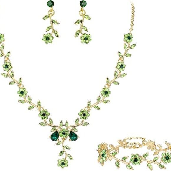 Women's Leaf Cluster Flower Crystal Dangle Earrings Pendant Necklace Set - Picture 1 of 5